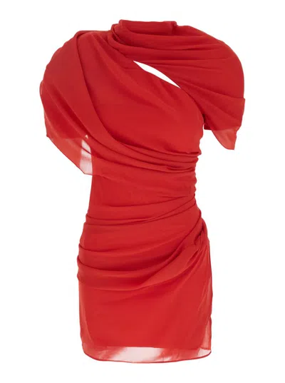 Jacquemus Draped One Shoulder Mini Dress In Red