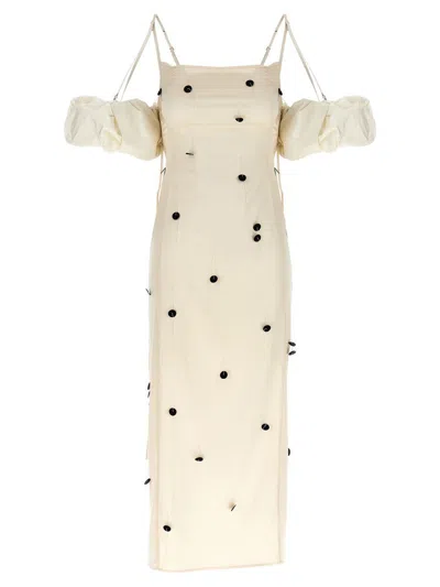 Jacquemus Beloved Off-shoulder Midi Dress With Button Embellishments In Neutral