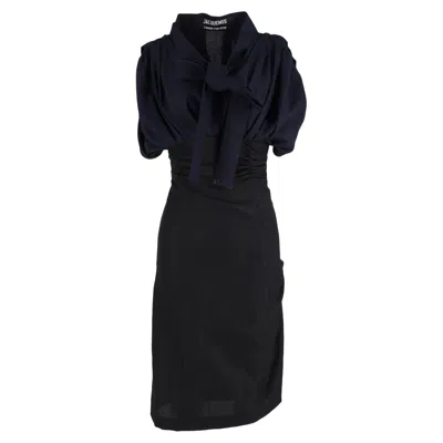 Pre-owned Jacquemus La Robe Madame Ribbon Detail Midi Dress In Navy Blue Wool In Black