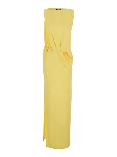 Jacquemus 'la Robe Peplo' Yellow Long Dress With Boat Neckline And Draped Details