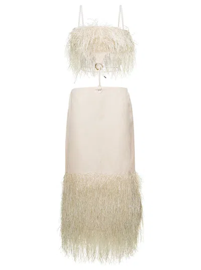 Jacquemus La Robe Raphia Fringed Midi Dress In Ivory