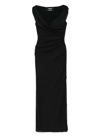 Jacquemus Fitted Black Evening Dress With Off-the-shoulder Neckline In Multicolor