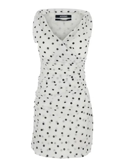 Jacquemus 'the Rita' White Dress With V-neck And Polka Dot Motif