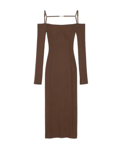 Jacquemus La Robe Strap-detail Ribbed-knit Midi Dress In Brown