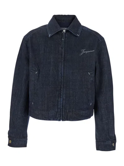 Jacquemus La Veste De-nimes Canevas Blue Jacket With Classic Collar And Logo Lettering On The Front In Denim M