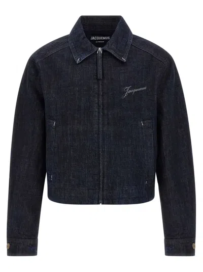 Jacquemus Dark Indigo Denim Jacket With Front Zipper And Logo In Blue