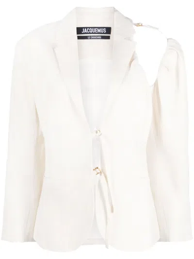 Jacquemus Linen Blazer Jacket With Off-shoulder Puff Sleeve In Off White