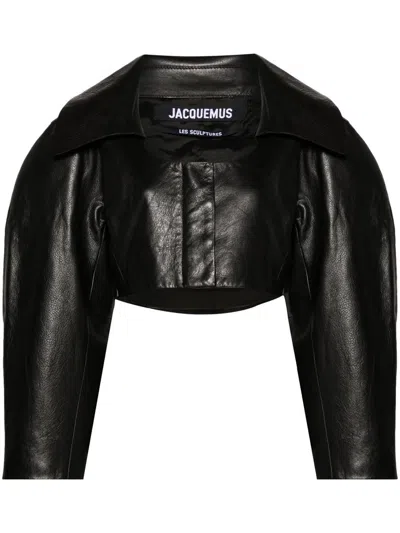 Jacquemus Obra Crop Leather Jacket In Black