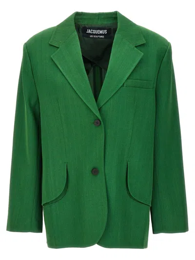 Jacquemus Titolo Striped Jacquard Single-breasted Oversized Blazer Jacket In Green