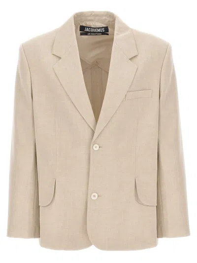 Jacquemus Titolo Linen And Wool Single-breasted Blazer In Beige