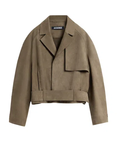 Jacquemus Lapel Long Sleeve Leather Jacket In Brown
