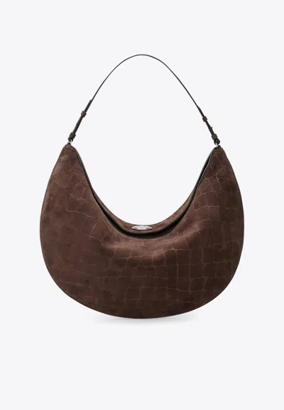 Jacquemus Large Ovalo Croc-embossed Suede Hobo Bag In Brown