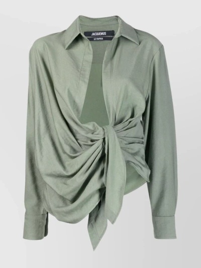 Jacquemus Draped Collar V-neck Sleeved Top In Green