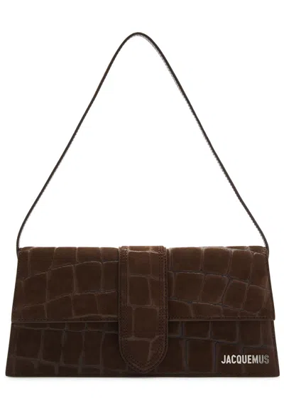 Jacquemus Le Bambino Long Crocodile-effect Suede Shoulder Bag In Brown Dark