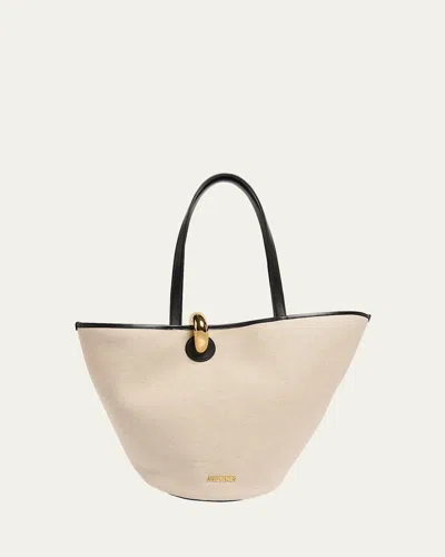Jacquemus Le Bambola Canvas Tote Bag In Light Greige/black