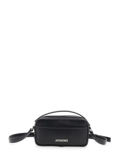 JACQUEMUS 'LE BANETO' BLACK HANDBAG WITH LOGO LETTERING ON THE FRONT IN LEATHER MAN