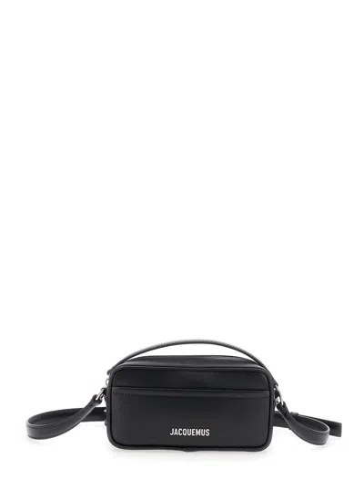 JACQUEMUS LE BANETO BLACK HANDBAG WITH LOGO LETTERING ON THE FRONT IN LEATHER MAN
