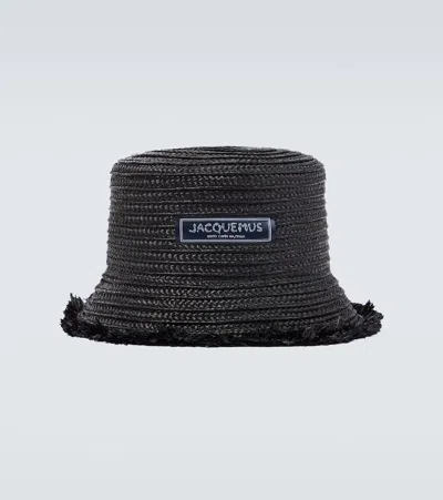 Jacquemus Le Bob Bacino Raffia Bucket Hat In Black