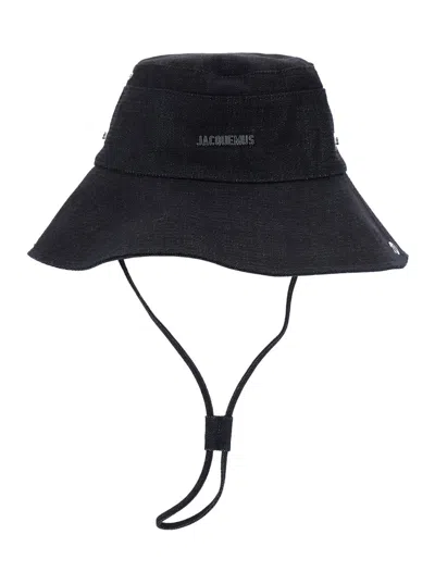 Jacquemus Le Bob De-nimes Blue Bucket Hat With Logo Lettering On The Front And Adjustable Strap In Cotton Man In Black