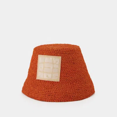 Jacquemus Textured Orange Woven Bucket Hat With Logo Patch