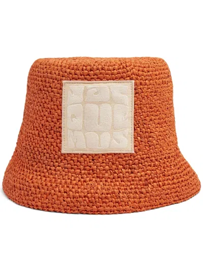 Jacquemus Textured Orange Woven Bucket Hat With Logo Patch