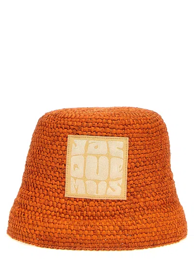 Jacquemus Textured Orange Woven Bucket Hat With Logo Patch