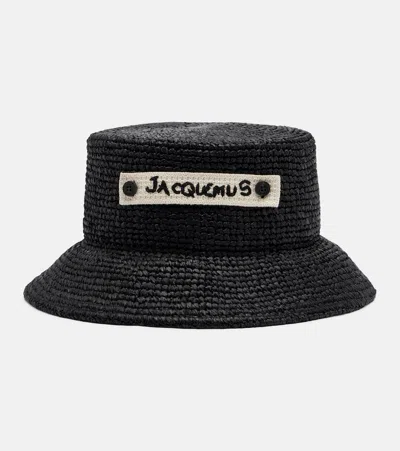 Jacquemus Le Bob Plage Raffia Bucket Hat In Black