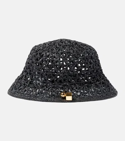 Jacquemus Le Bob Spiaggia Raffia Bucket Hat In Black