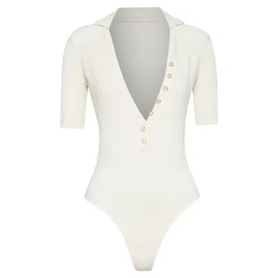 Jacquemus Le Body Yauco Ivory Viscose Blend Ribbed Knit Polo Bodysuit Top Fr36 S In White