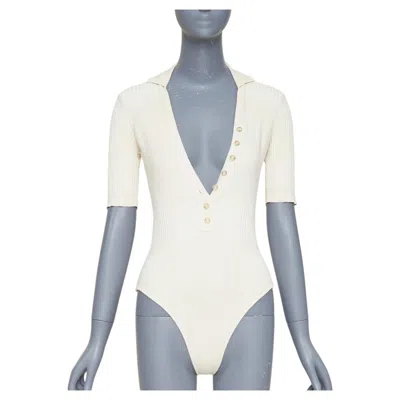 Pre-owned Jacquemus Le Body Yauco Ivory Viscose Blend Ribbed Knit Polo Bodysuit Top Fr36 S In White