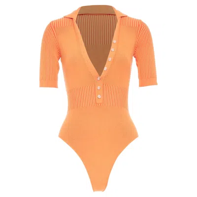 Jacquemus Le Body Yauco Orange Ribbed Knit Plunge Polo Bodysuit Top Fr36 S