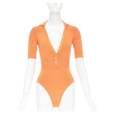 Pre-owned Jacquemus Le Body Yauco Orange Ribbed Knit Plunge Polo Bodysuit Top Fr36 S