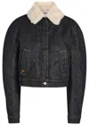 Jacquemus Le Bomber De-nimes Ovalo Blue Jacket With Fur Collar And Two Front Welt Pockets In Denim Woman In Blue
