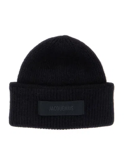 JACQUEMUS LE BONNET GROS GRAIN BLACK BEANIE WITH LOGO PATCH ON THE FRONT IN WOOL BLEND MAN
