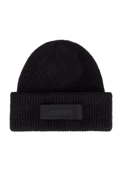 Jacquemus Ribbed Black Beanie Hat With Subtle Patch Detail