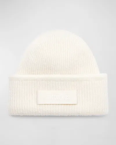 Jacquemus Le Bonnet Grosgrain-trimmed Ribbed-knit Beanie In Off-white