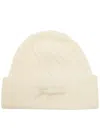 Jacquemus Le Bonnet Tourni White Beanie With Turn-up Brim And Logo Lettering On The Front In Wool Man In Neutral