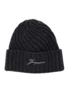 Jacquemus Le Bonnet Tourni Grey Beanie With Turn-up Brim And Logo Lettering On The Front In Wool Man In Black