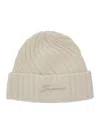 Jacquemus Le Bonnet Tourni White Beanie With Turn-up Brim And Logo Lettering On The Front In Wool Man In Neutral