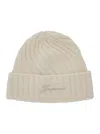 Jacquemus Le Bonnet Tourni White Beanie With Turn-up Brim And Logo Lettering On The Front In Wool Man In Neutral