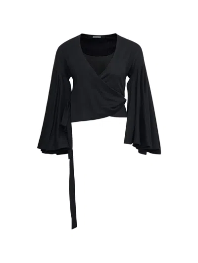 Jacquemus Le Cache Coeur Ventadou Bell-sleeve Top In Black