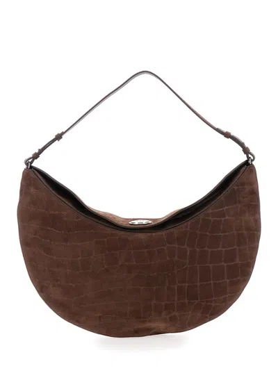 Jacquemus Le Calisso Rond Large Brown Shoulder Bag With Adjustable Strap And Embossed Crodocile Effect In Leat