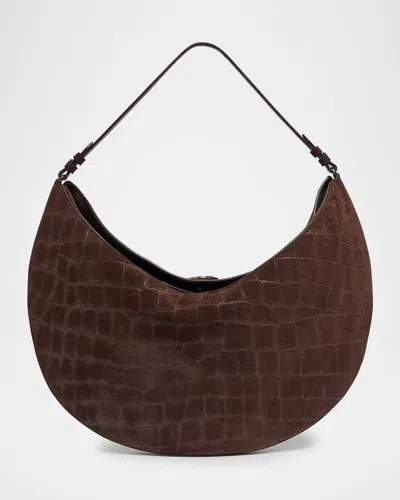 Jacquemus Le Calisson Rond Croc-embossed Suede Shoulder Bag In Brown