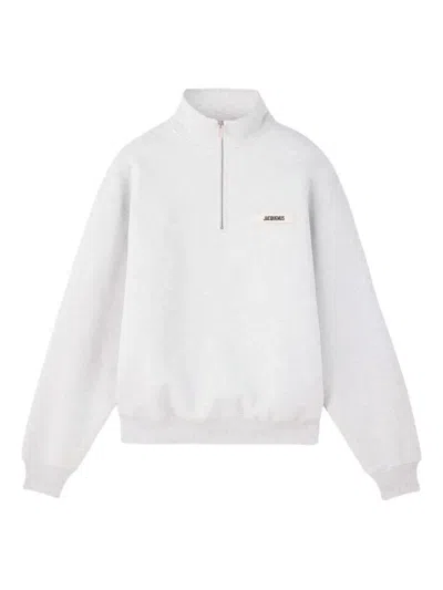 Jacquemus Light Grey Zipneck Sweatshirt With Gros Grain Logo In White