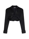 JACQUEMUS LE CHEMISE MACHOU BLACK GATHERED CROPPED SHIRT IN COTTON AND LINEN WOMAN JACQUEMUS