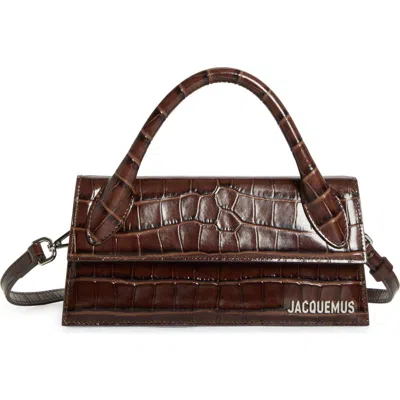Jacquemus Le Chiquito Long Croc Embossed Leather Top Handle Bag In Dark Brown