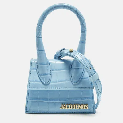 Pre-owned Jacquemus Le Chiquito Mini Light Blue Croc Embossed Leather Top Handle Bag