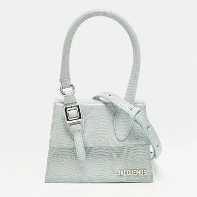Pre-owned Jacquemus Le Chiquito Moyen Boucle Light Blue Lizard Embossed Leather Top Handle Bag