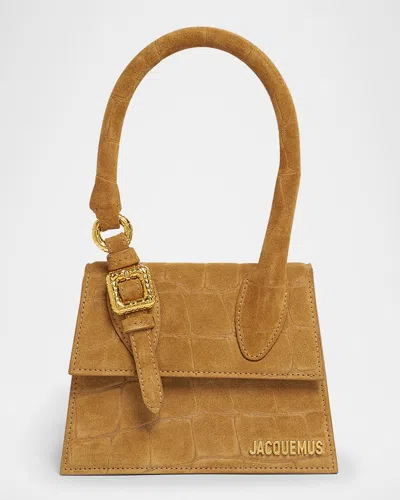 Jacquemus Le Chiquito Moyen Croc-embossed Suede Top-handle Bag In Camel
