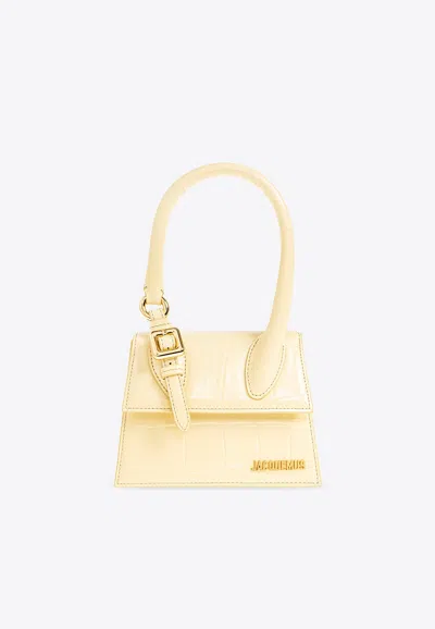 Jacquemus Le Chiquito Moyen Top Handle Bag In Croc Embossed Leather In Yellow